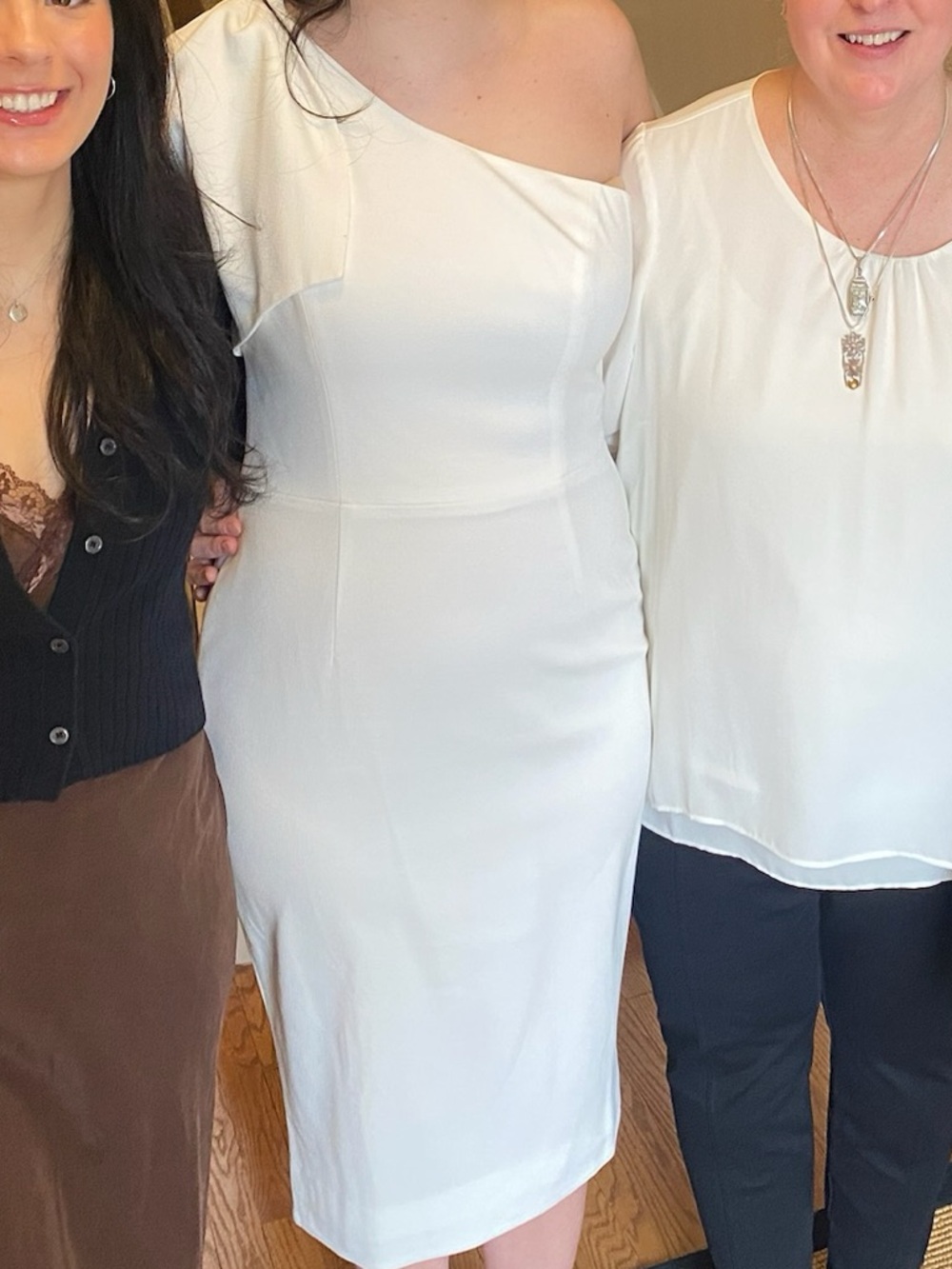 Dress the Population One-Shoulder Cream Midi Dress with Draped Bow